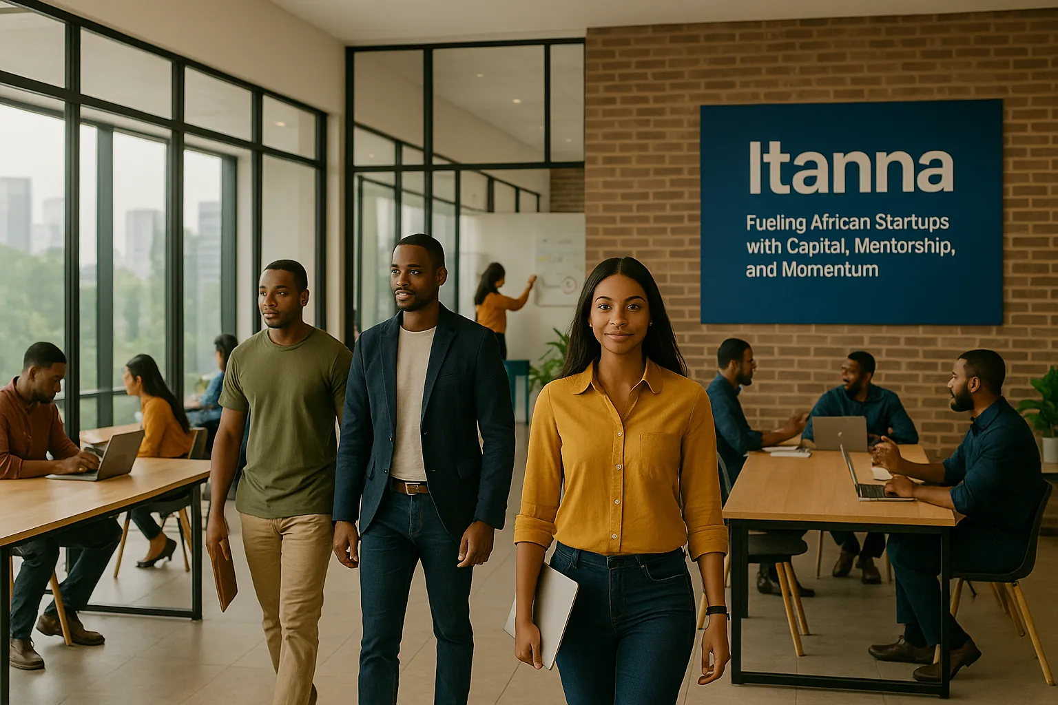 Confident young African entrepreneurs walking and collaborating inside a bright, modern workspace with the Itanna brand displayed on the wall.