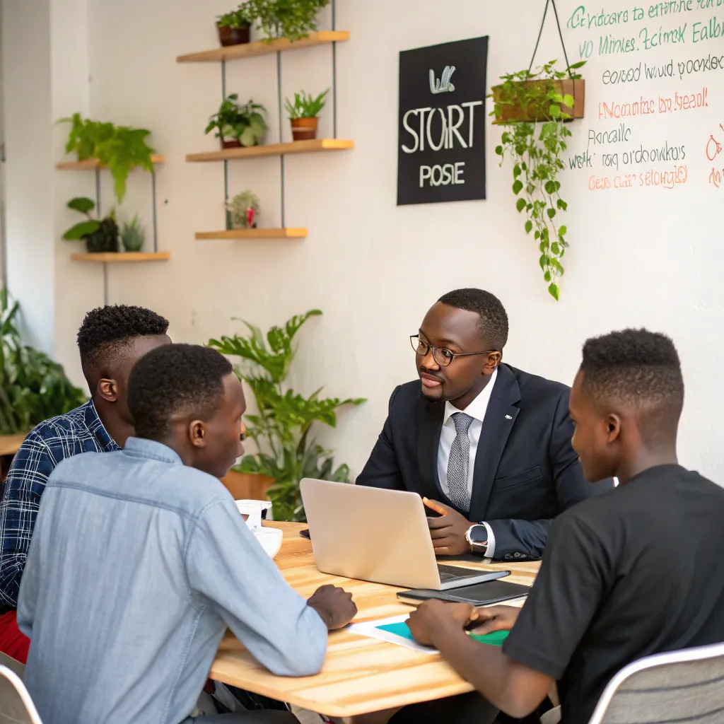 Mentor in a suit advising a group of young African founders during a business session in a creative space.