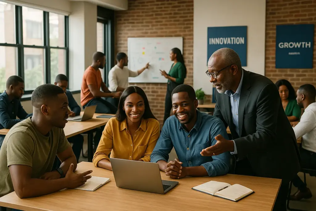 Young African entrepreneurs receiving guidance from a mentor in a bright coworking space, representing Itanna’s support and innovation environment.