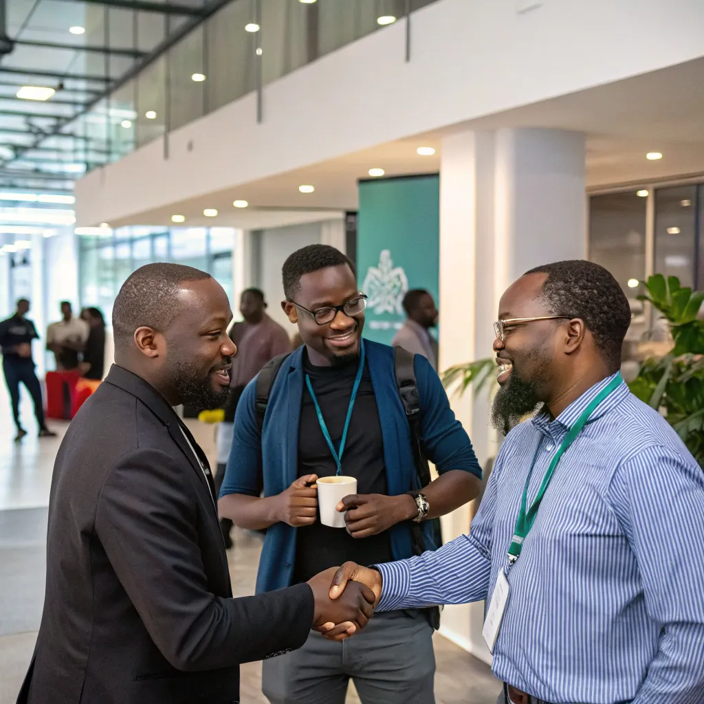 African founders and professionals networking in a bright modern space, smiling and shaking hands.