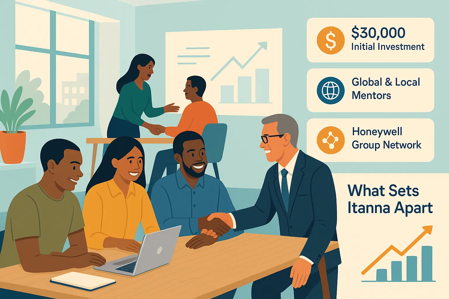 Illustration of African startup founders and mentors in a coworking space, highlighting key features like investment, expert guidance, and network support at Itanna.