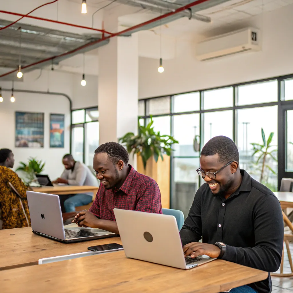 Young African entrepreneurs working on laptops inside a bright coworking space, focused and smiling.