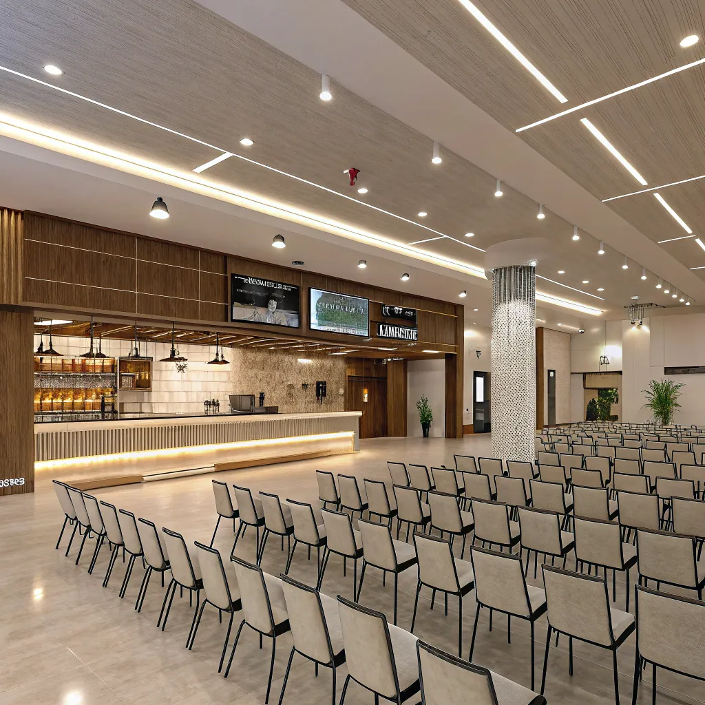 large event hall with rows of empty chairs, modern ceiling lights, and bar counter