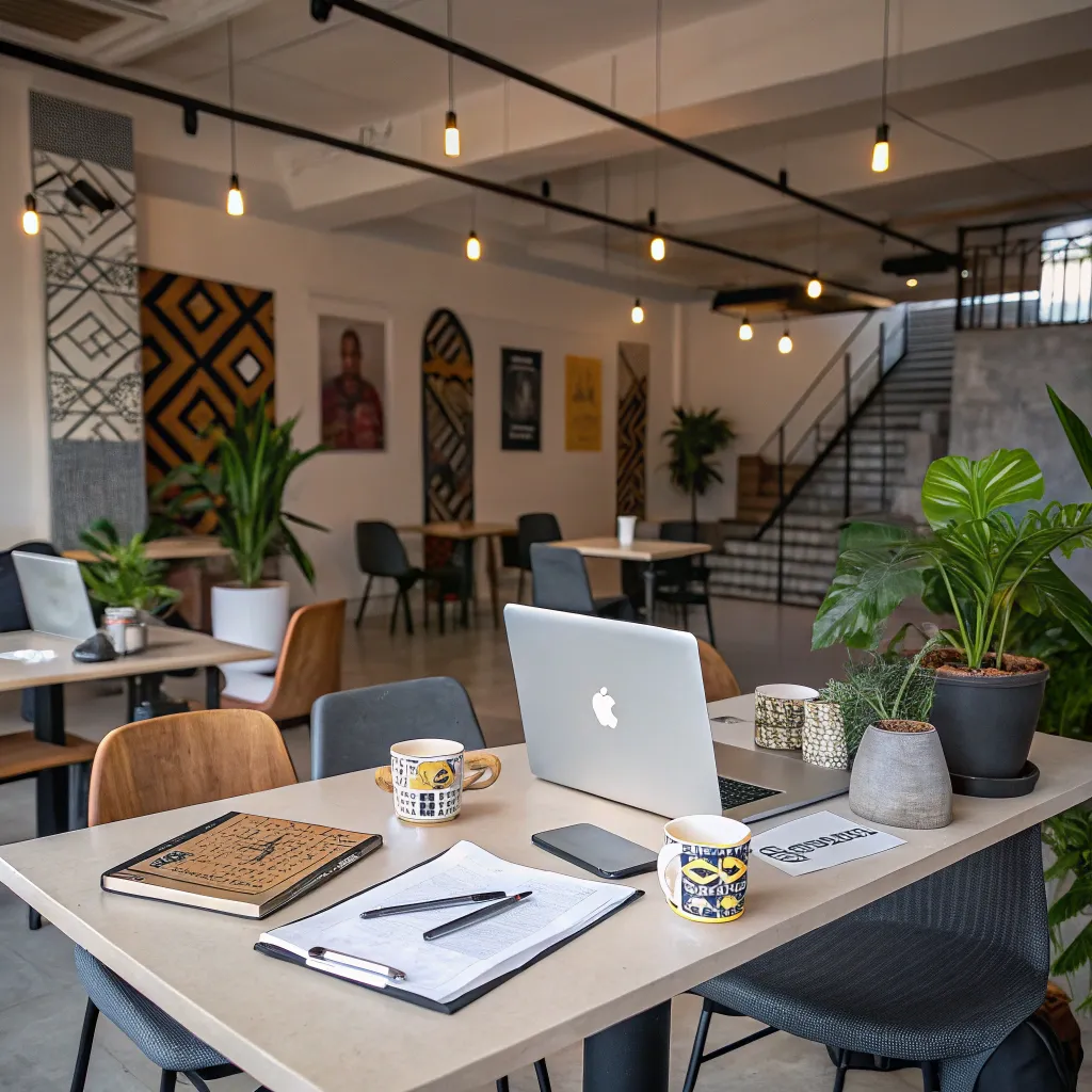 Modern coworking space in Lagos with open laptops, coffee mugs, plants and African art on the walls.