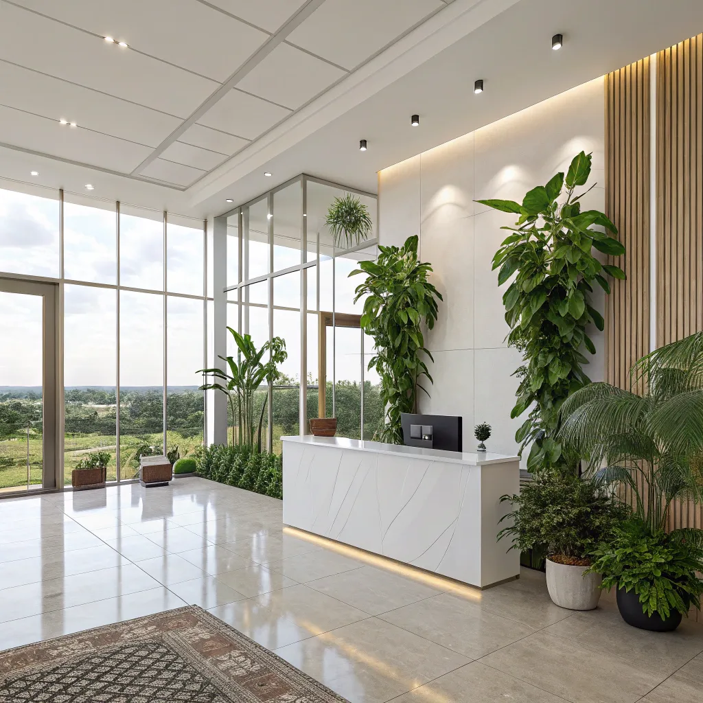 Modern African office reception with natural light, large indoor plants, and a white minimalist desk in a bright, glass-walled building.
