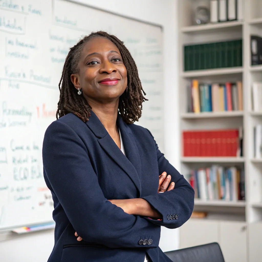 ngozi-amadi Professional headshot of Ngozi Amadi, a Nigerian woman with shoulder-length locs, wearing a navy blazer and standing confidently in front of a whiteboard and bookshelf.
