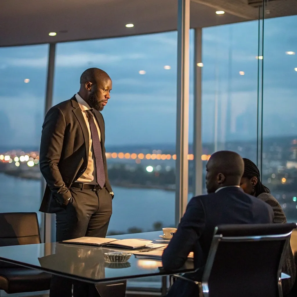 confident African entrepreneur pitching to executives in a high-rise boardroom at dusk, overlooking city skyline