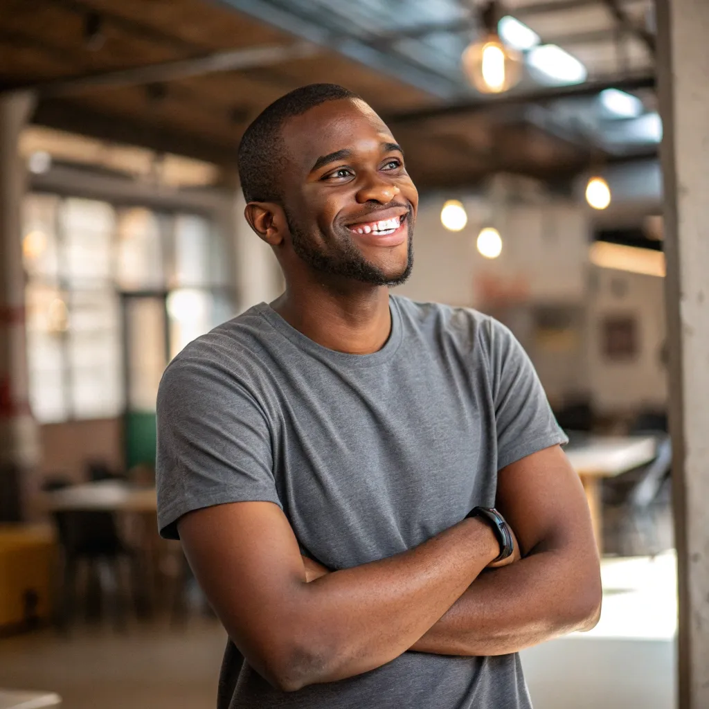 Photo of Samuel Owusu, a West African man with short hair in a gray t-shirt, smiling confidently in an open workspace with warm lighting.