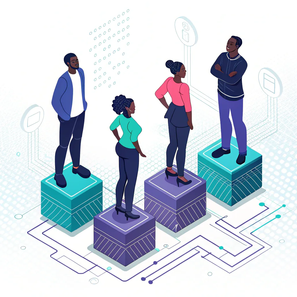 Stylized isometric digital illustration of four African tech professionals standing confidently on geometric platforms, representing a modern and diverse startup team.