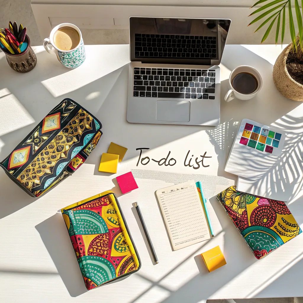 Top view of a bright workspace with African-themed accessories, sticky notes, notebooks, and a laptop on a white desk.