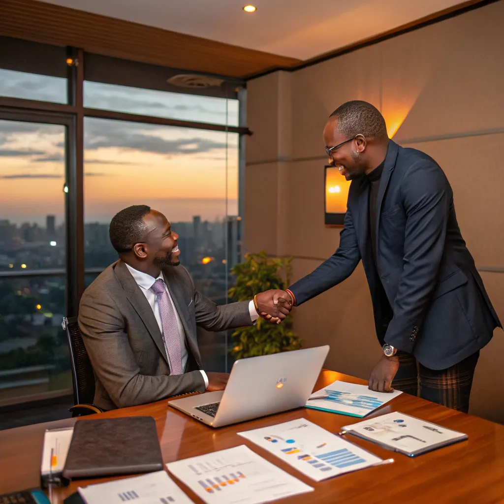 two African businessmen shaking hands in a modern office during an evening investment pitch