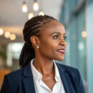zanele-dube Portrait of Zanele Dube, a South African woman with braided hair, wearing a blazer and smiling in a modern office setting.